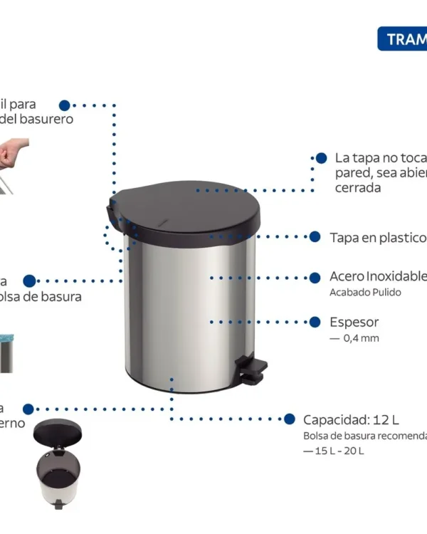 BASURERO CON PEDAL TRAMONTINA ACERO INOXIDABLE 12 L PULIDO GRIS