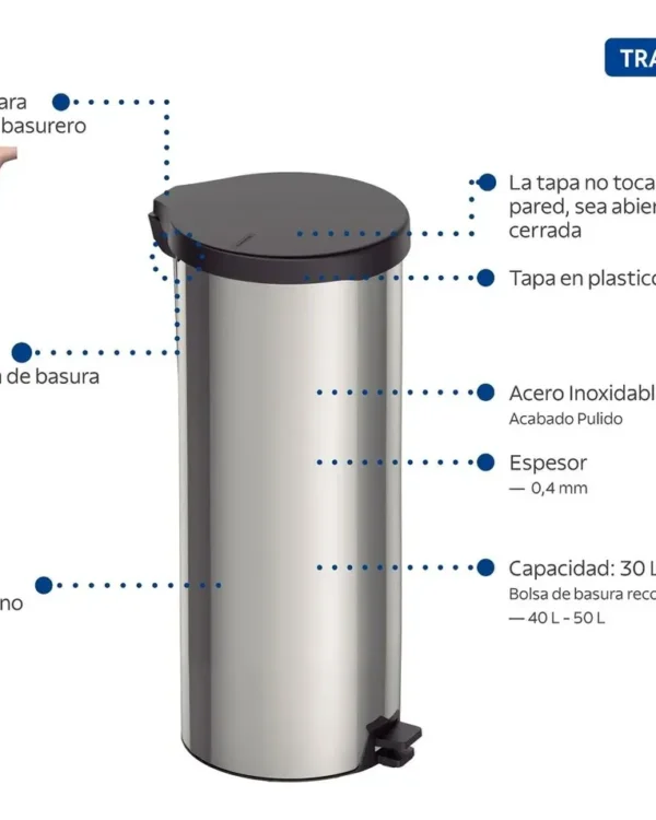 BASURERO CON PEDAL TRAMONTINA DE ACERO INOXIDABLE 30L PULIDO PLATEADO