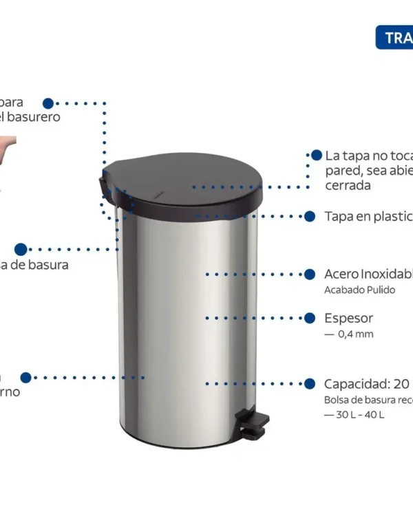 BASURERO CON PEDAL TRAMONTINA ACERO INOXIDABLE 20 L PULIDO PLATEADO