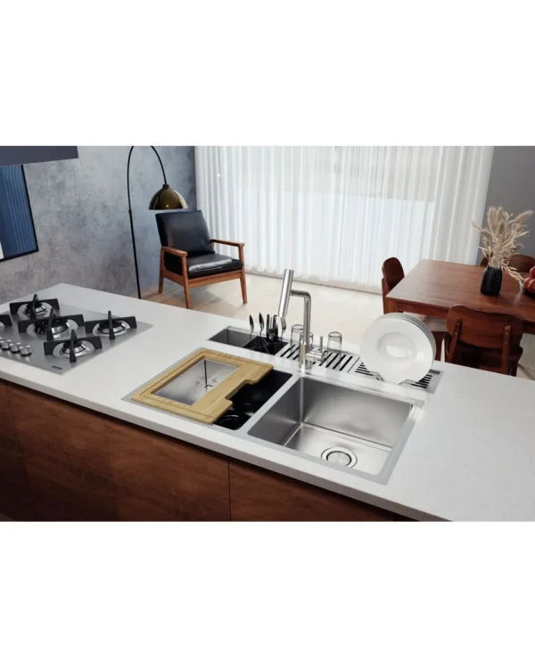 Kit Accesorios para Bacha Quadrum Design Collection Tramontina 42×40 cm con Tabla Auxiliar y Cesta Colador de Acero Inoxidable